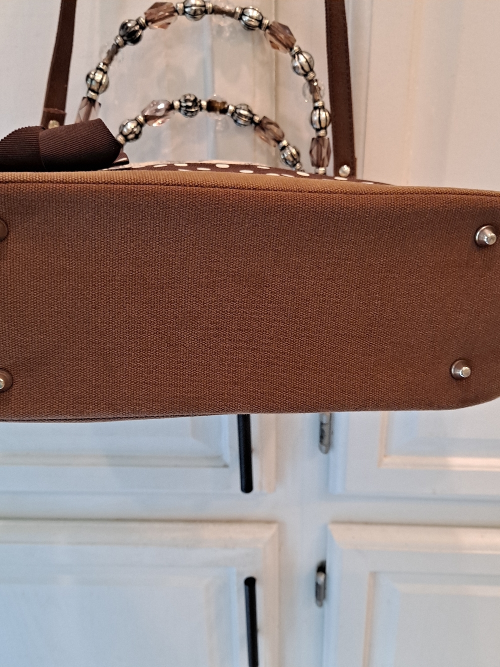 Vivary Vintage Cream Brown Toile De Jouy Tote Satchel Polka-Dot Bow Canvas Bag - Picture 8 of 14